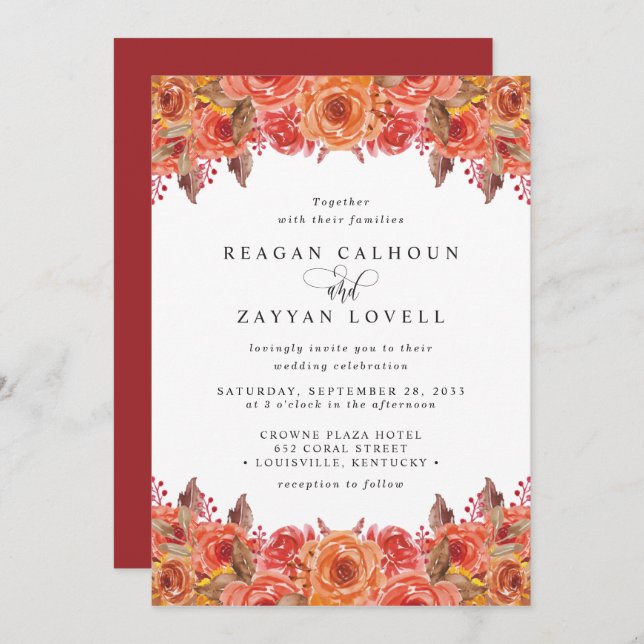 Convites Casamento Floral Burgundy Terracotta (Frente/Verso)