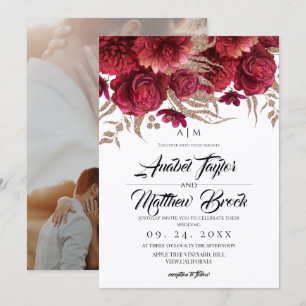 Convites Casamento Floral Burgundy Vermelho Dourado Românti