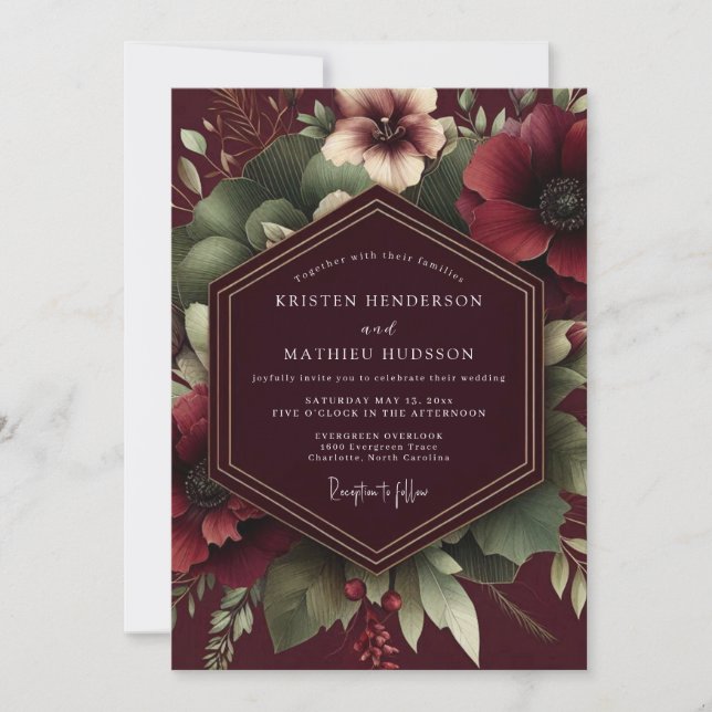 Convites Casamento Floral Burgundy Vintner (Frente)