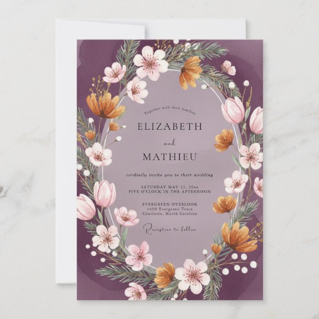 Convites Casamento Floral Caprichoso Ameixa (Frente)
