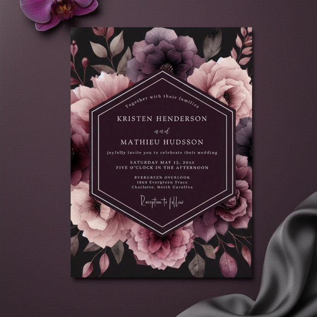 Convites Casamento Floral Caprichoso Ameixa Moody (Criador carregado)