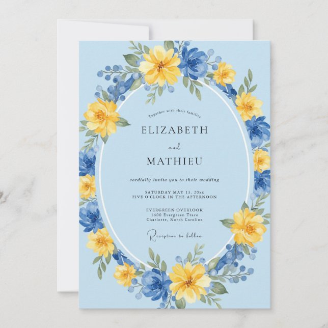 Convites Casamento Floral Caprichoso Azul Céu (Frente)