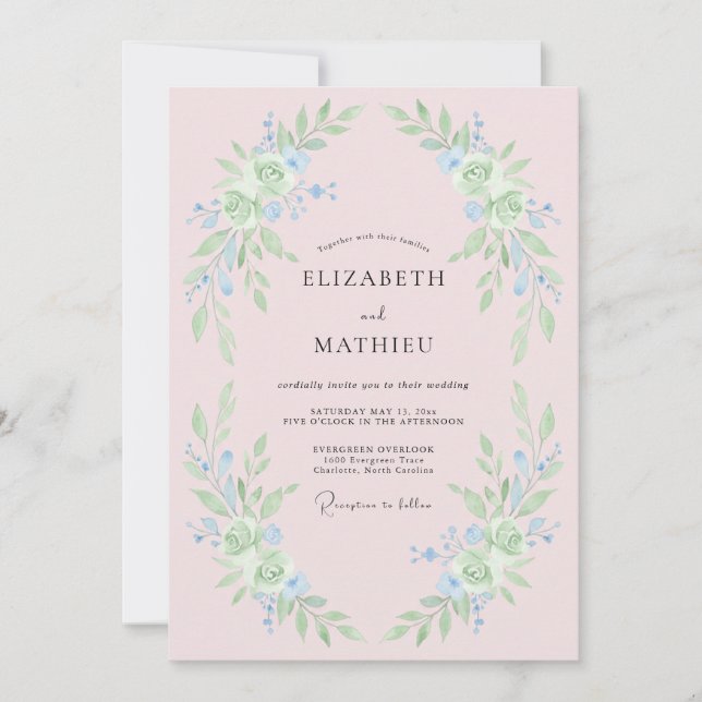 Convites Casamento Floral Caprichoso Azul Claro (Frente)