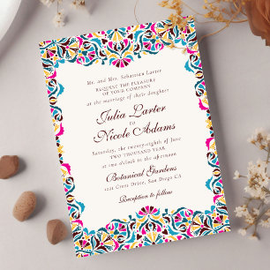 Convites Casamento Floral Caprichoso Azul Magenta Amarelo