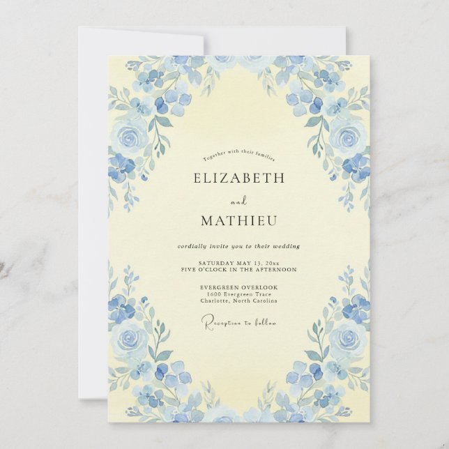 Convites Casamento Floral Caprichoso Azure (Frente)
