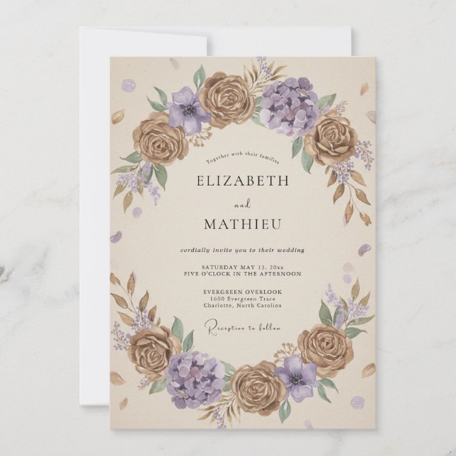 Convites Casamento Floral Caprichoso Bege (Frente)