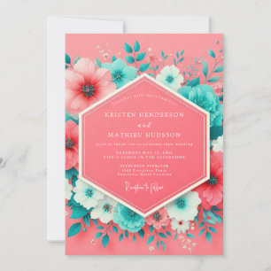 Convites Casamento Floral Caprichoso Coral