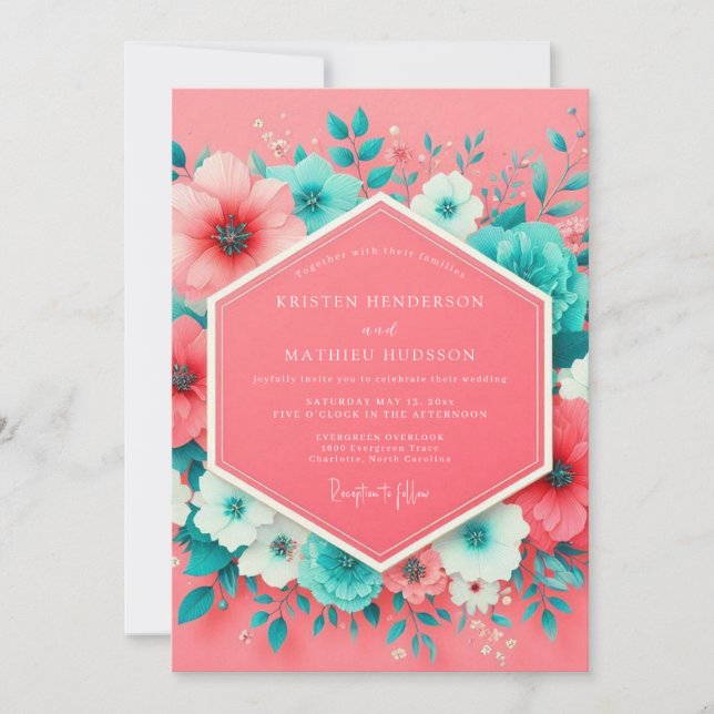 Convites Casamento Floral Caprichoso Coral (Frente)