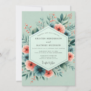 Convites Casamento Floral Caprichoso Coral Salvia
