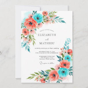 Convites Casamento Floral Caprichoso Coral Turquesa
