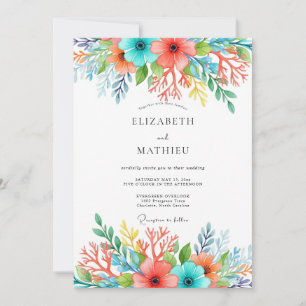 Convites Casamento Floral Caprichoso Coral Verde-Água