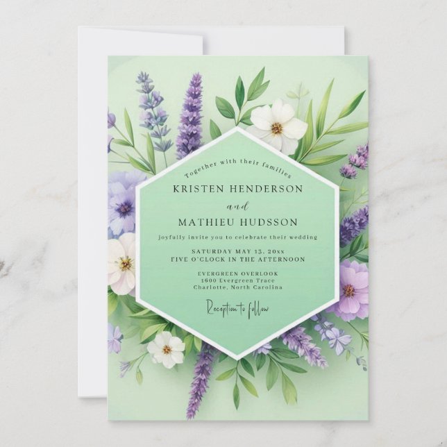 Convites Casamento Floral Caprichoso de Lavanda Verde (Frente)