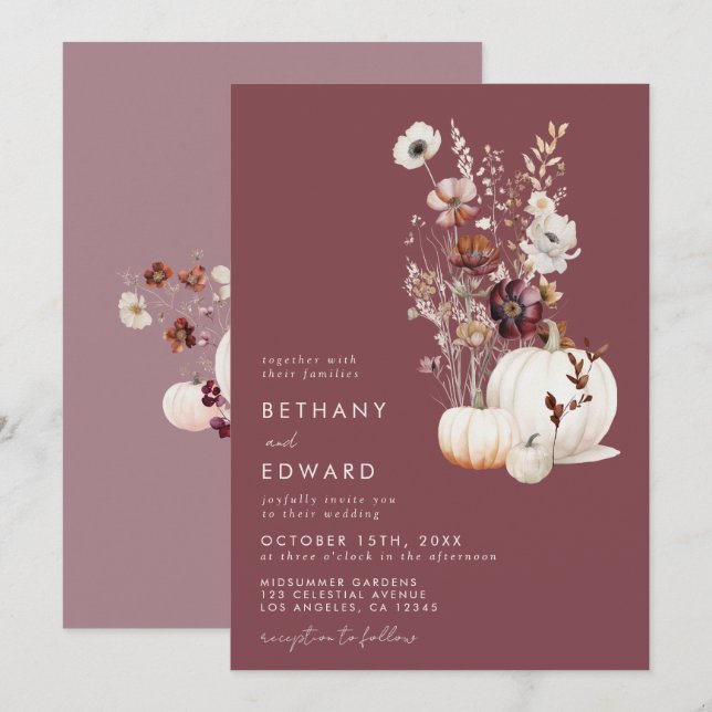 Convites Casamento Floral Caprichoso de Outono (Frente/Verso)