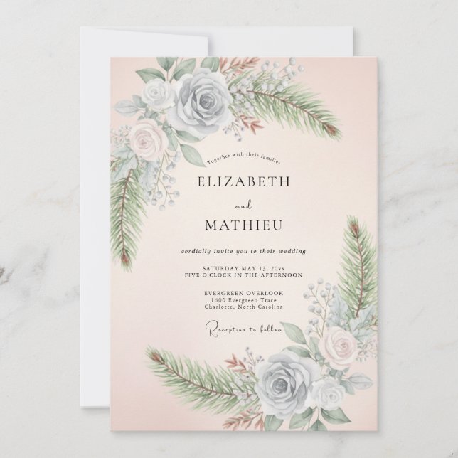 Convites Casamento Floral Caprichoso de Rosa e Periwinkle (Frente)