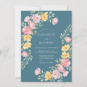 Convites Casamento Floral Caprichoso em Azul Turquesa