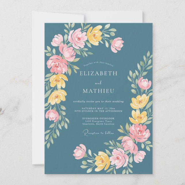 Convites Casamento Floral Caprichoso em Azul Turquesa (Frente)