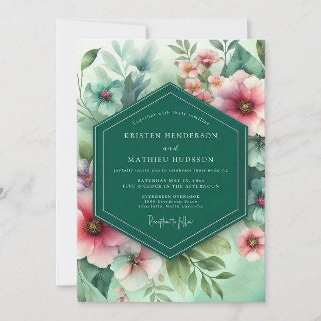 Convites Casamento Floral Caprichoso Esmeralda (Frente)
