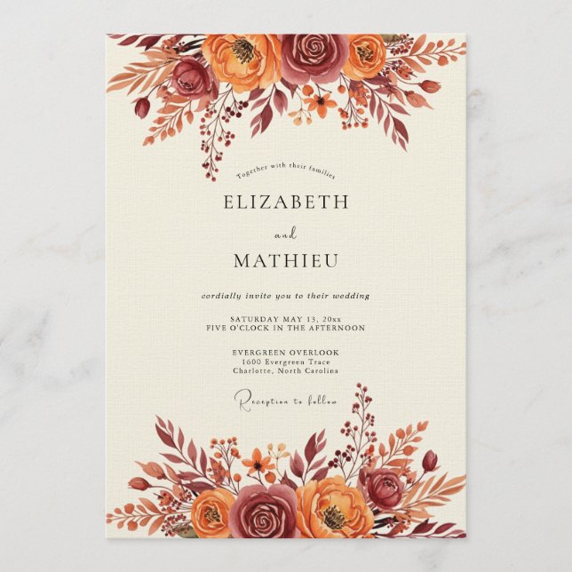Convites Casamento Floral Caprichoso Ferrugem Outonal (Frente)