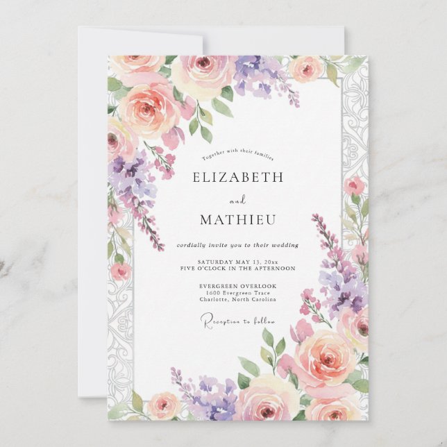 Convites Casamento Floral Caprichoso Lavanda Rubor (Frente)
