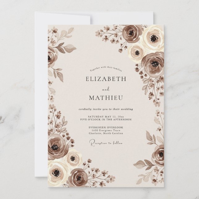 Convites Casamento Floral Caprichoso Marrom (Frente)