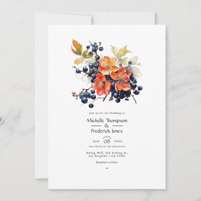 Convites Casamento Floral Caqui e Azul Marinho (Frente)