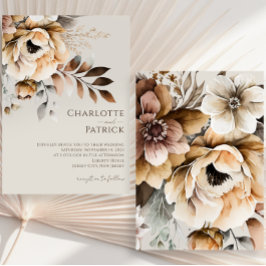 Convites Casamento Floral Castanho-Cinza-Pêssego Elegante