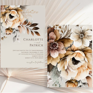 Convites Casamento Floral Castanho-Cinza-Pêssego Elegante