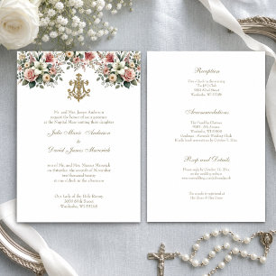 Convites Casamento Floral Católico Dourado Maria