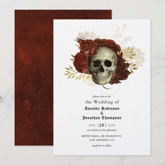 Convites Casamento Floral Caveira Grunge Gótico (Frente/Verso)
