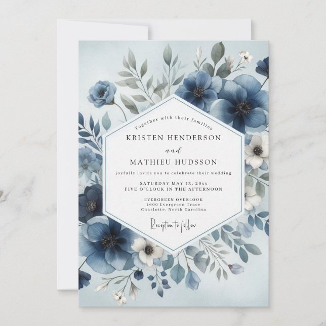 Convites Casamento Floral Celestial Azul Desbotado (Frente)