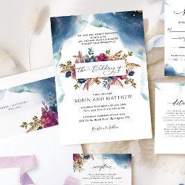 Convites Casamento Floral Celestial Azul, Teal e Roxo Inv