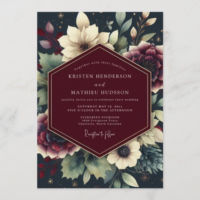 Convites Casamento Floral Celestial Borgonha (Frente)