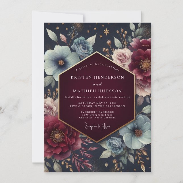 Convites Casamento Floral Celestial Borgonha (Frente)