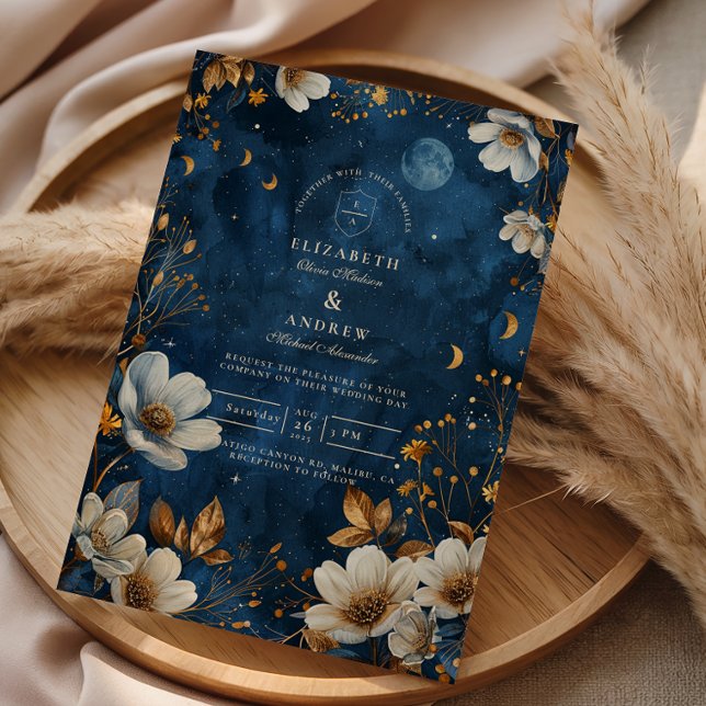 Convites Casamento Floral Celestial Meia-Noite (Criador carregado)
