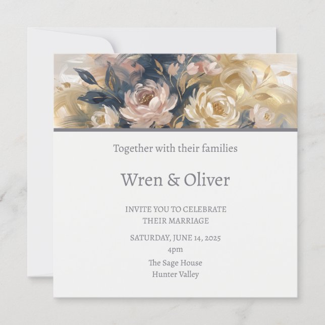 Convites Casamento Floral Champanhe (Frente)