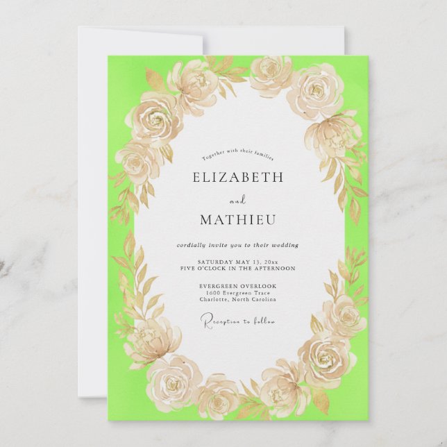 Convites Casamento Floral Champanhe Chartreuse (Frente)