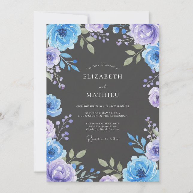 Convites Casamento Floral Charcoal Periwinkle (Frente)
