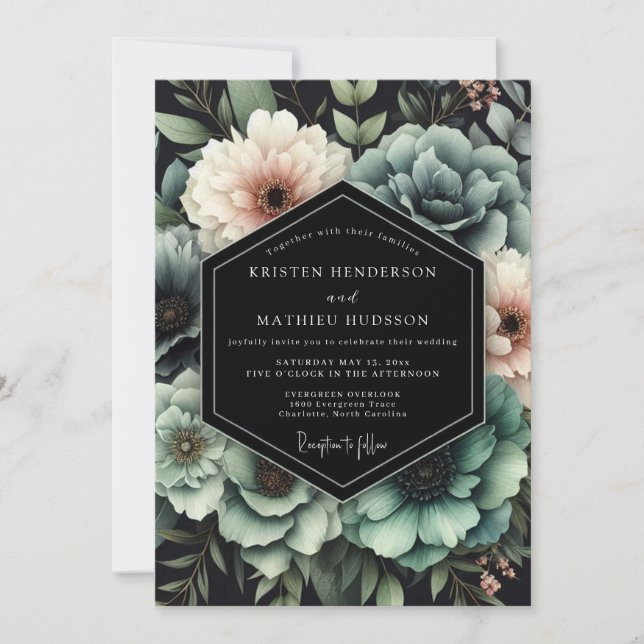 Convites Casamento Floral Chiaroscuro Teal (Frente)