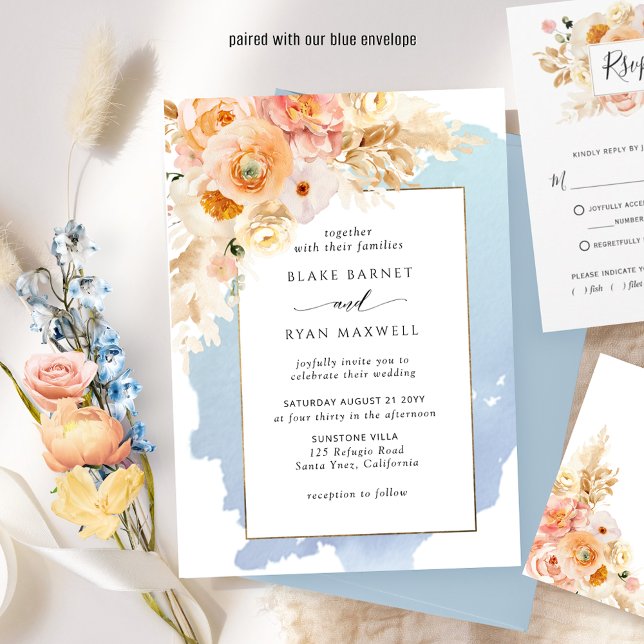 Convites Casamento Floral Chic Blue, Peach, Blush e Cream (Criador carregado)