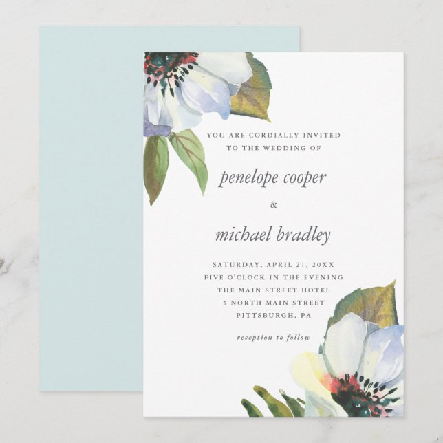 Convites Casamento Floral Chic Blue Watercolor (Frente/Verso)