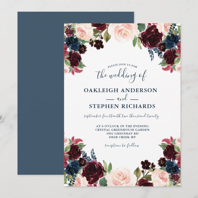 Convites Casamento Floral Chic Burgundy, Marinho e Rosa (Frente/Verso)