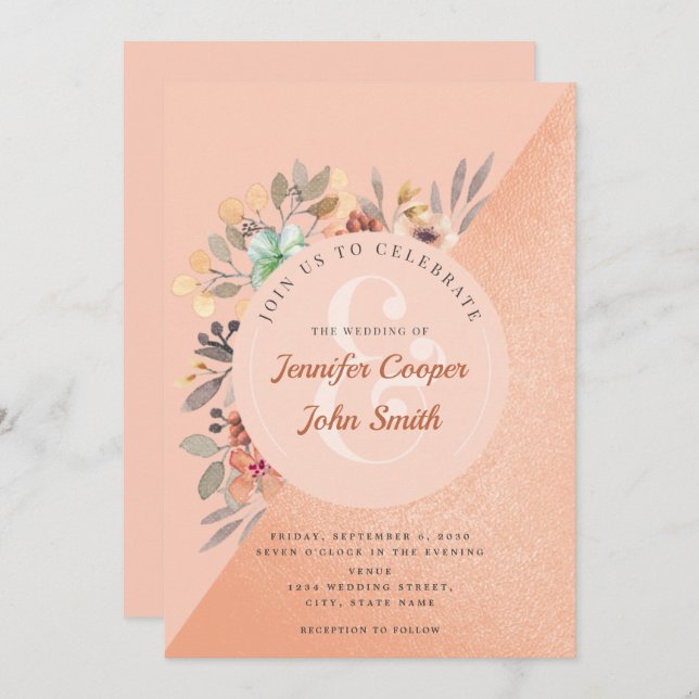Convites Casamento Floral Chic Copper Watercolor (Frente/Verso)
