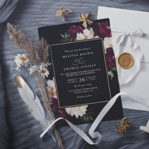 Convites Casamento Floral Chic Elegante Burgundy Mal-humora