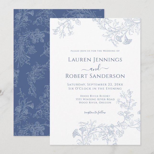 Convites Casamento Floral Chic Linha Azul Desenhada (Frente/Verso)
