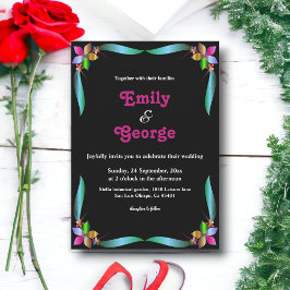 Convites Casamento Floral Chic Negro Brilhante e Decorativo