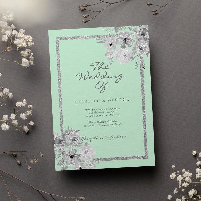 Convites Casamento floral chic neo mint branco brilho prata (Chic neo mint white silver glitter floral wedding)