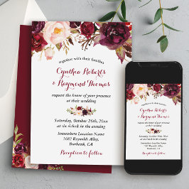 Convites Casamento Floral Chic Outono Vermelho Borgonha Mar