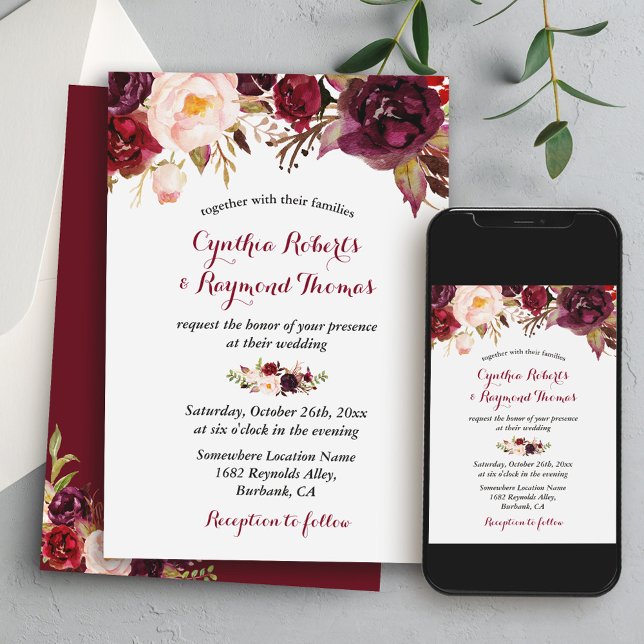 Convites Casamento Floral Chic Outono Vermelho Borgonha Mar (From rustic to formal indoor affairs, this invitation complements a variety of wedding settings.)