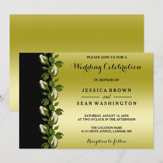 Convites Casamento Floral Chic, Romântico Dourado e Preto (Frente/Verso)