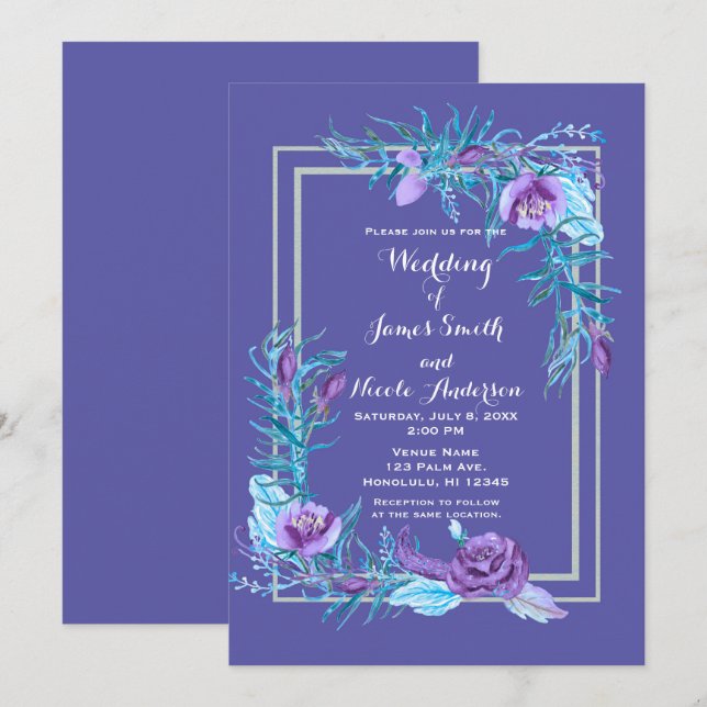 Convites Casamento Floral Chic Roxo Ultravioleta e Aquático (Frente/Verso)